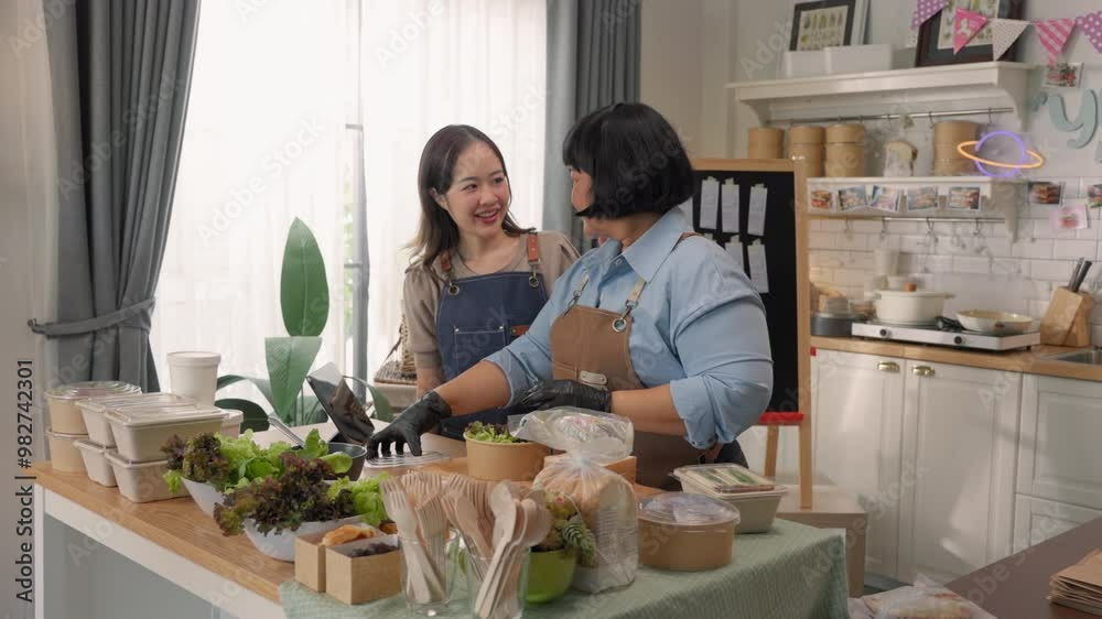Two Asian women working together in a cloud kitchen, preparing healthy meals for online food delivery Two Asian women working together in a cloud kitchen, preparing healthy meals for online food delivery