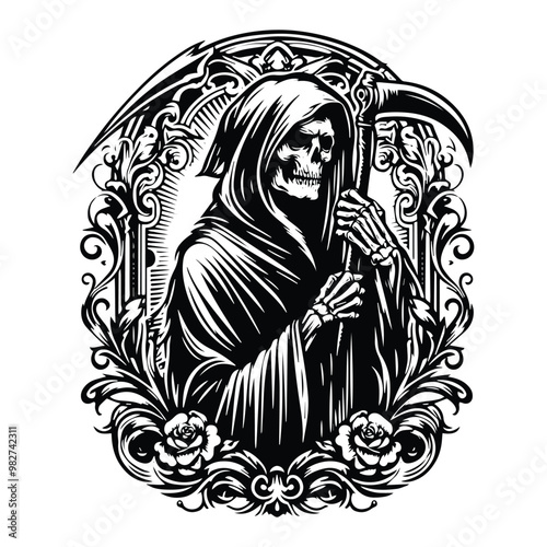 grim reaper with victorian flourish, in black and white illustrations, cutout graphic