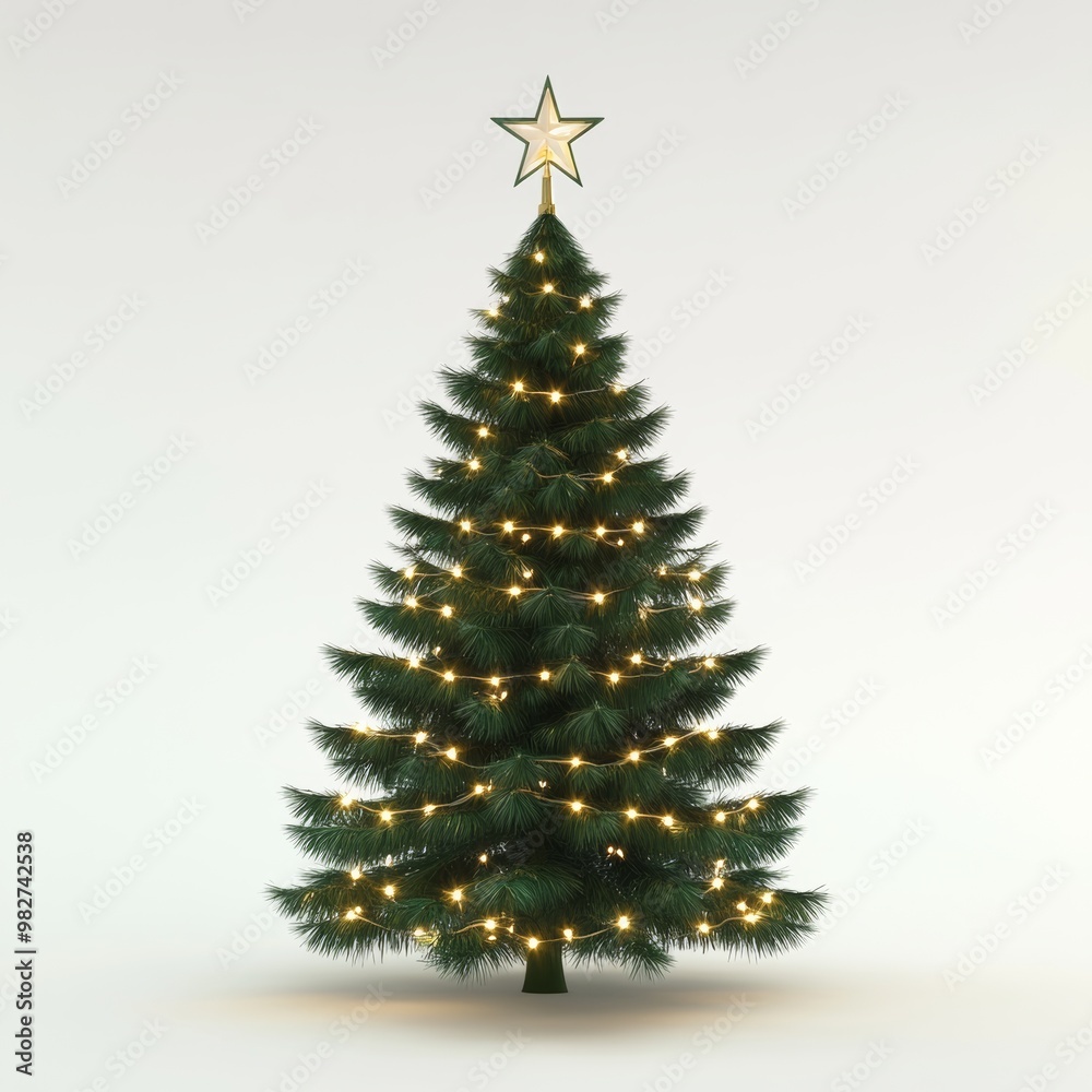Minimalist 3D render of a shiny green Christmas tree with soft, glowing lights and a bright star on top, set against a clean white background Minimalist 3D render of a shiny green Christmas tree with soft, glowing lights and a bright star on top, set against a clean white background