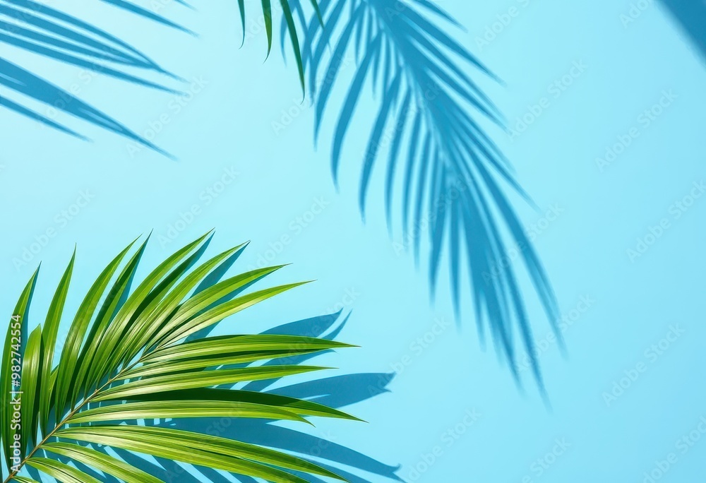 Palm Leaf with Shadow on a Blue Background Palm Leaf with Shadow on a Blue Background