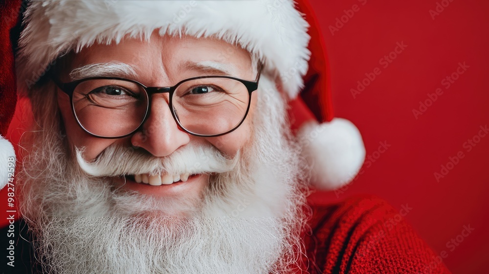 Close-up of jolly Santa Claus with a white beard and glasses, smiling warmly on a red background, perfect for festive designs. Close-up of jolly Santa Claus with a white beard and glasses, smiling warmly on a red background, perfect for festive designs.