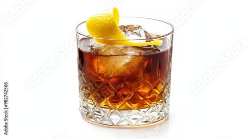 Show a chic Sazerac, served in a rocks glass with an absinthe rinse, a twist of lemon peel, and a deep amber hue.