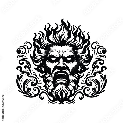 Hades greek god with fire hair with victorian flourish in black and white illustrations, cutout graphic black and white illustration