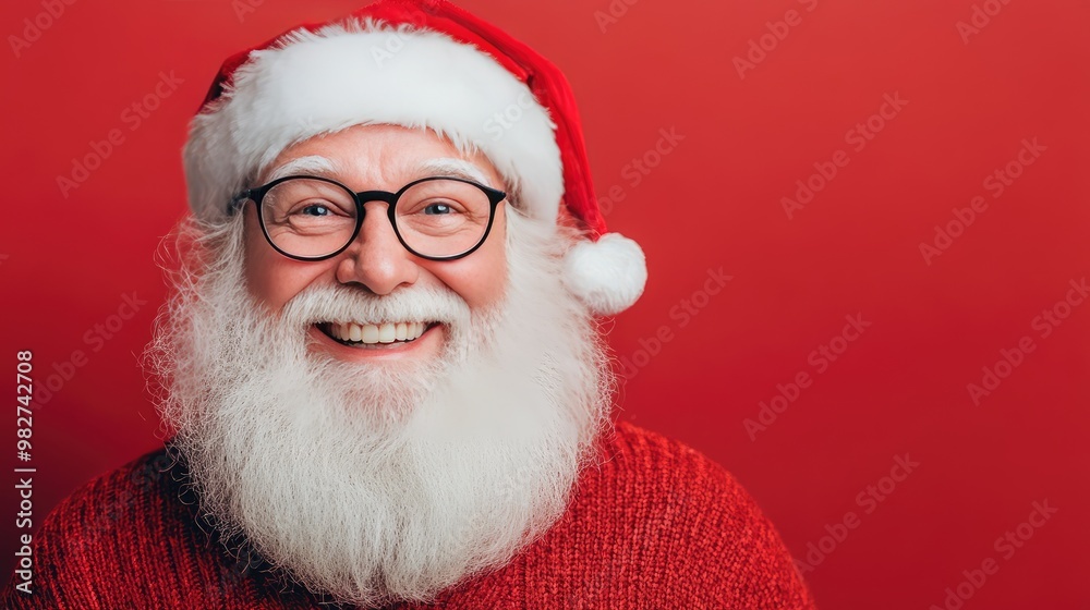 Naklejka premium Close-up of jolly Santa Claus with a white beard and glasses, smiling warmly on a red background, perfect for festive designs.