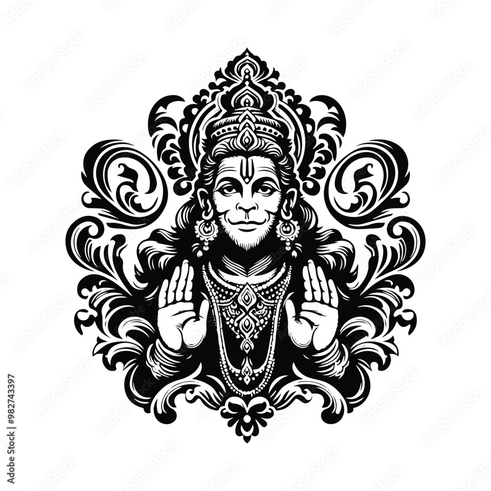 Fototapeta premium hanuman hindu god with victorian flourish decoration in black and white illustrations, cutout graphic