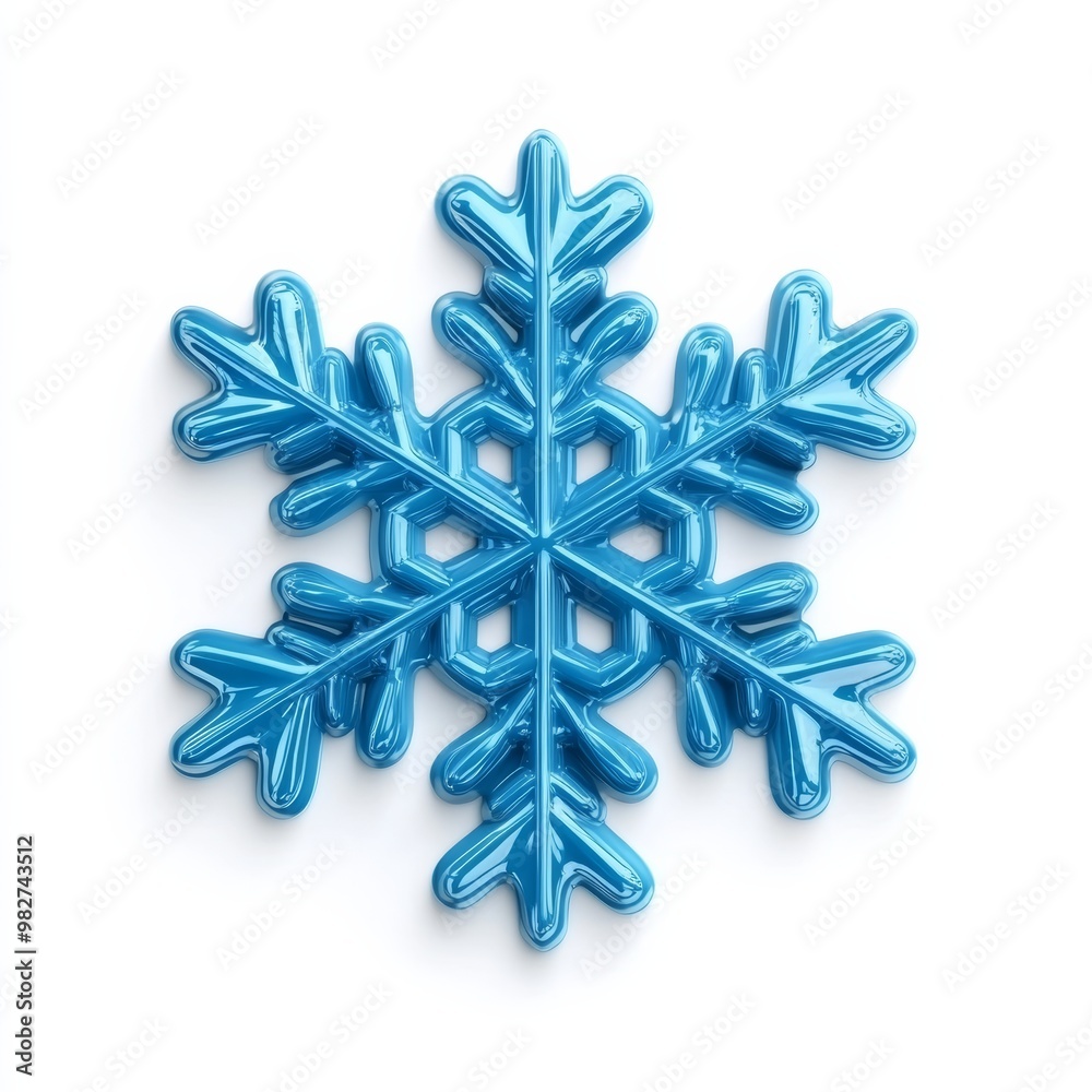 Minimalistic blue 3D snowflake with a clean, glossy texture, isolated on a white background with a soft shadow effect Minimalistic blue 3D snowflake with a clean, glossy texture, isolated on a white background with a soft shadow effect