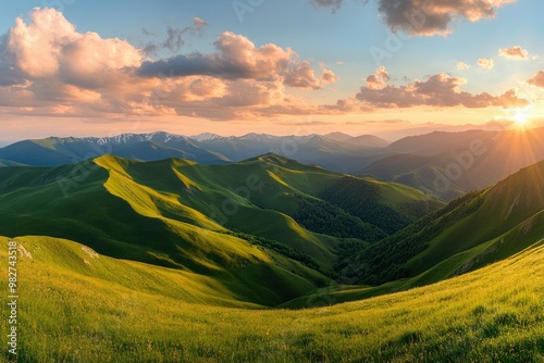 Panoramic view of the green mountains and hills at sunset. Gumbashi Pass in North Caucasus, Russia. Beautiful summer landscape , ai photo