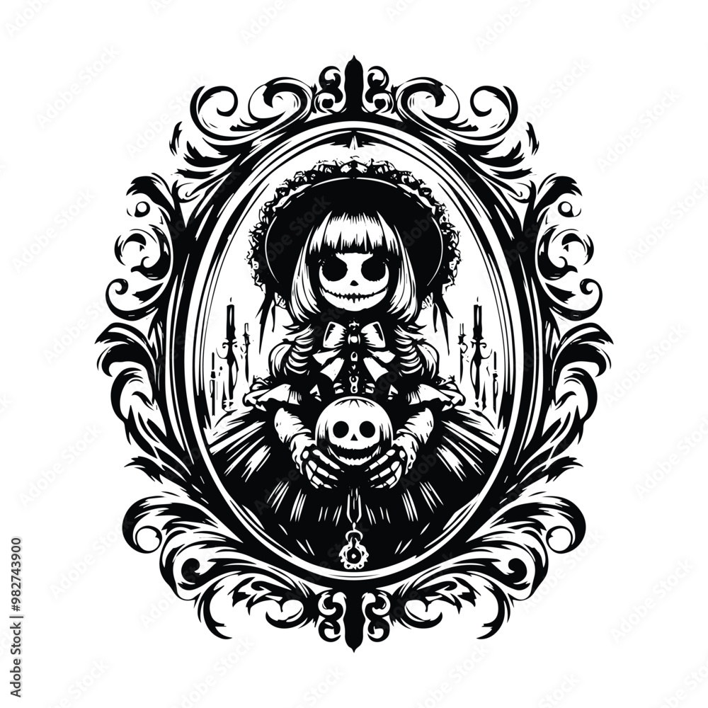 Fototapeta premium haunted girl doll inside victorian flourish, in black and white illustrations, cutout graphic