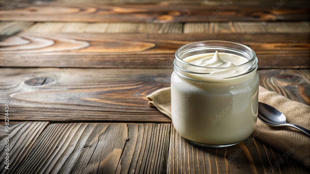 Cream in glass jar on rustic wooden table , dairy, food, container, fresh, organic, natural, product, farm, healthy, breakfast Cream in glass jar on rustic wooden table , dairy, food, container, fresh, organic, natural, product, farm, healthy, breakfast