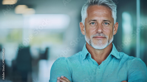 Confident businessman with gray hair, arms crossed.