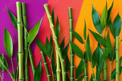 Bamboo Leaves on a Vibrant Colored Canvas for Natural Wellness Decor photo