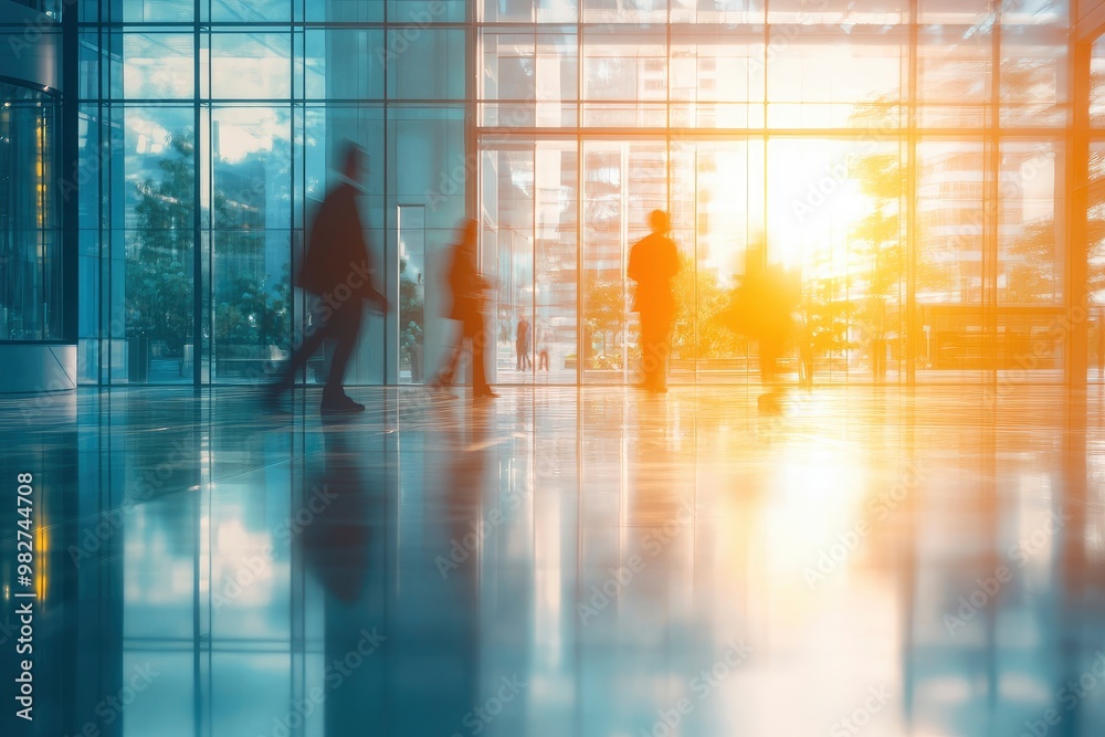Blurred image of business people in the lobby of a modern office building , ai