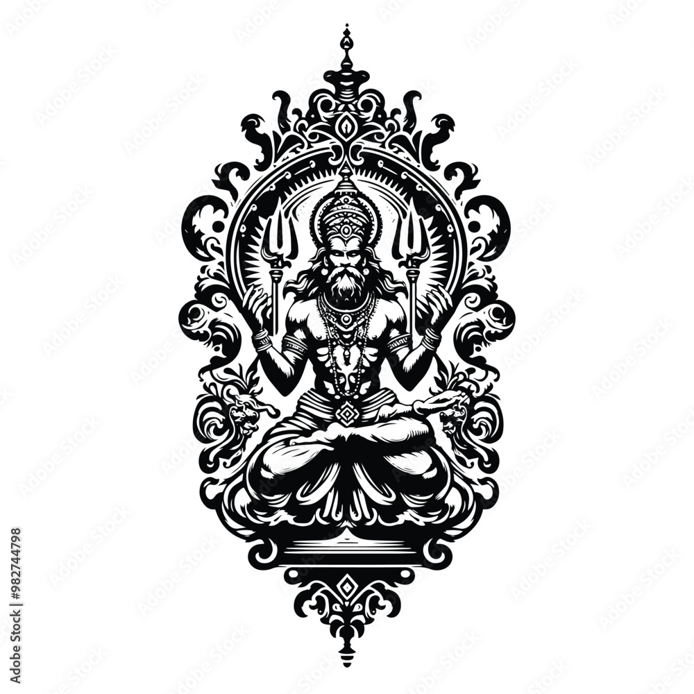Fototapeta premium hindus Brahma with victorian flourish decoration in black and white illustrations, cutout graphic o