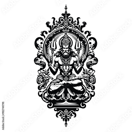 hindus Brahma with victorian flourish decoration in black and white illustrations, cutout graphic o