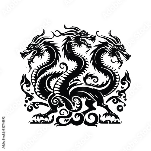 hydra dragon with victorian flourish decoration in black and white illustrations, cutout graphic