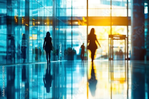 Blurred image of business people in the lobby of a modern office building , ai