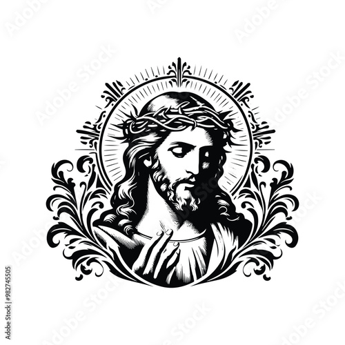 Wallpaper Mural Jesus with victorian flourish decoration in black and white illustrations, cutout graphic Torontodigital.ca