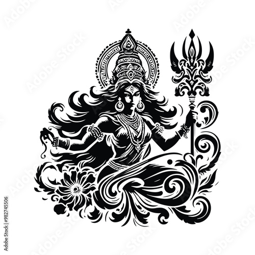 kali goddess with victorian flourish decoration in black and white illustrations, cutout graphic