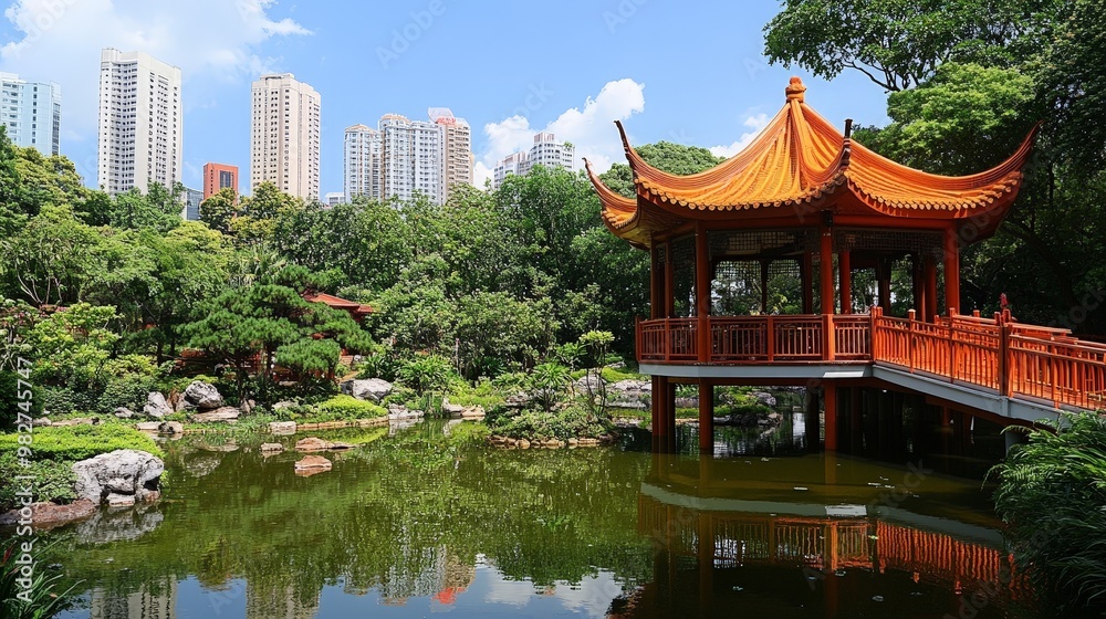Fototapeta premium The serene atmosphere of the Chinese and Japanese Gardens in Singapore provides a peaceful retreat, with traditional architecture and beautifully landscaped grounds.