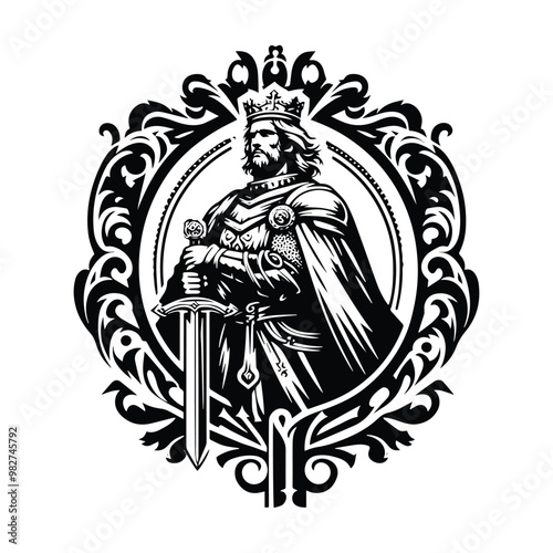 King Arthur with victorian flourish decoration in black and white illustrations, cutout graphic