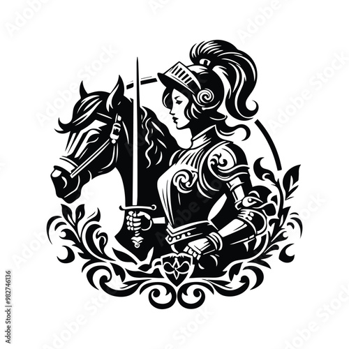 knight female with victorian flourish decoration in black and white illustrations, cutout graphic