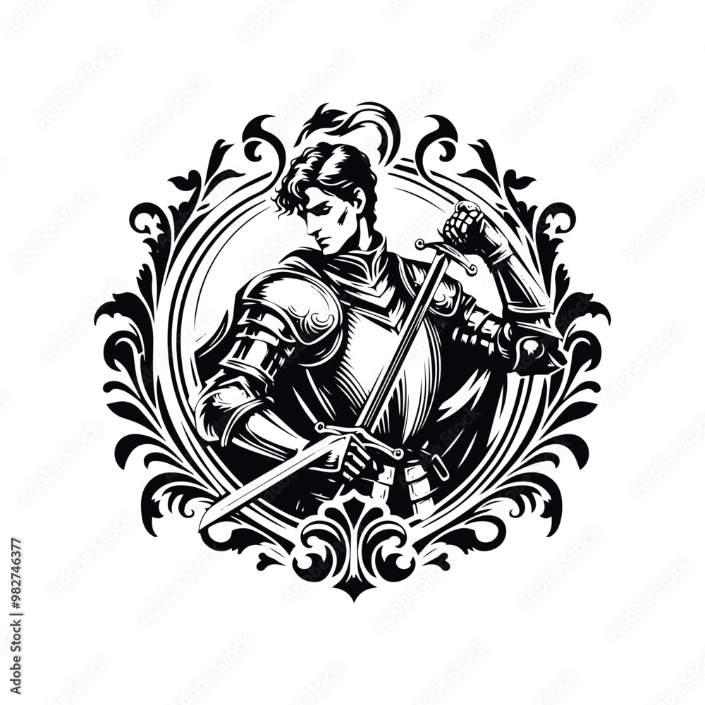knight male with victorian flourish decoration in black and white illustrations, cutout graphic knight male with victorian flourish decoration in black and white illustrations, cutout graphic