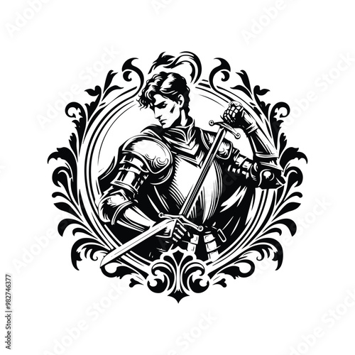 Wallpaper Mural knight male with victorian flourish decoration in black and white illustrations, cutout graphic Torontodigital.ca