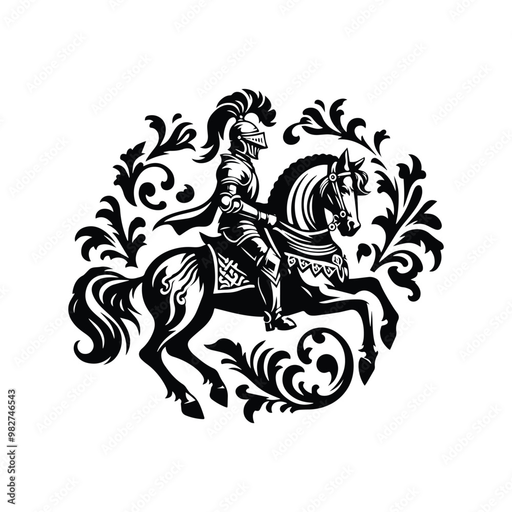 custom made wallpaper toronto digitalknight riding horse male with victorian flourish decoration in black and white illustrations, cutout graphic