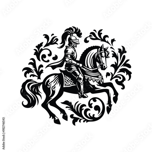 Wallpaper Mural knight riding horse male with victorian flourish decoration in black and white illustrations, cutout graphic Torontodigital.ca