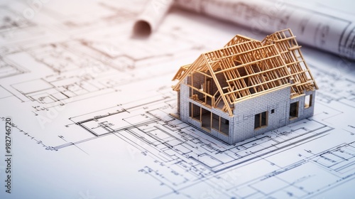 House under construction on blueprints close up. Building project concept