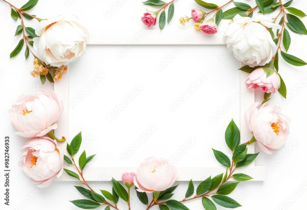 White Frame Decorated with Pink and White Peonies and Green Leaves White Frame Decorated with Pink and White Peonies and Green Leaves