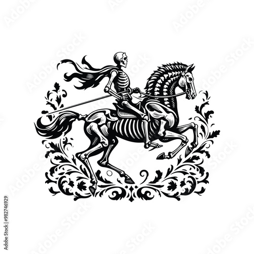 knight riding horse skeleton with victorian flourish decoration in black and white illustrations, cutout graphic