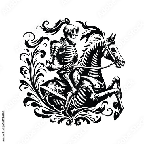 knight skeleton with victorian flourish, in black and white illustrations, cutout graphic