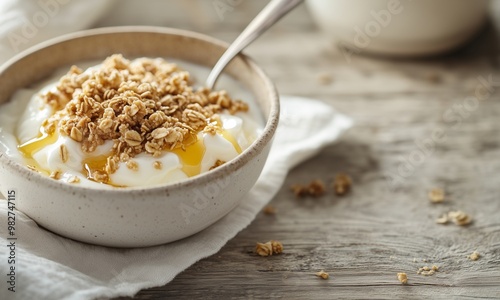  white ceramic bowl of creamy yogurt, topped with granola and honey drizzle, a metal spoon
