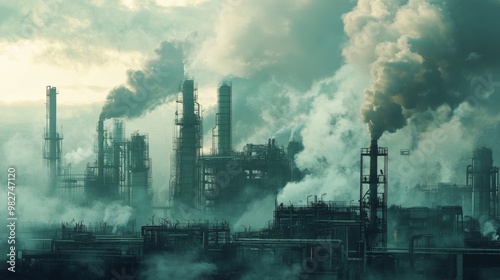 Industrial plant emissions under a cloudy sky, representing the environmental impact of chemical production. --ar 16:9 --v 6.1 Job ID: 73426cd5-21e5-46db-9467-5ea98ea830fe