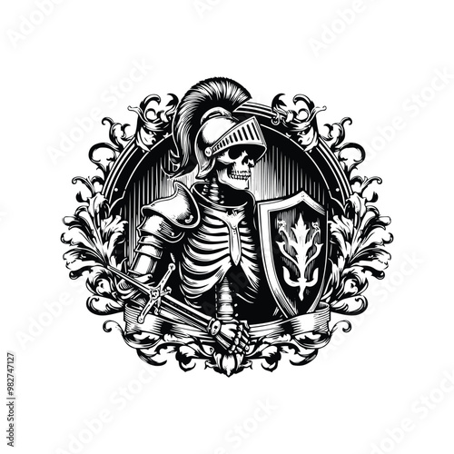 knight skeleton with victorian flourish, in black and white illustrations, cutout graphic