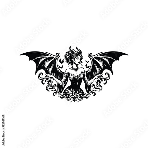 lady with horn and bat wing horror in victorian flourish decoration in black and white illustrations, cutout graphic