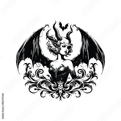 lady with horn and bat wing horror inside victorian flourish, in black and white illustrations, cutout graphic