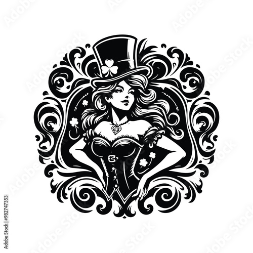 Leprechaun female with victorian flourish decoration in black and white illustrations, cutout graphic black and white illustration