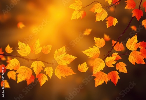 Vibrant Autumn Leaves on Branch Against Warm Blurred Background