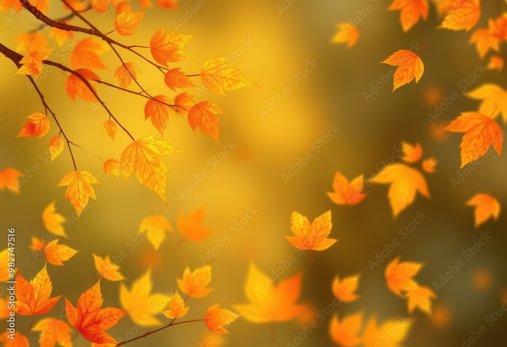 A Branch of Autumn Leaves with Falling Leaves in the Background A Branch of Autumn Leaves with Falling Leaves in the Background