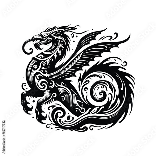 Wallpaper Mural Leviathan with victorian flourish decoration in black and white illustrations, cutout graphic Torontodigital.ca