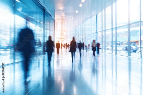 Blurred image of business people in the lobby of a modern office building , ai