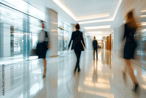 Blurred image of business people in the lobby of a modern office building , ai