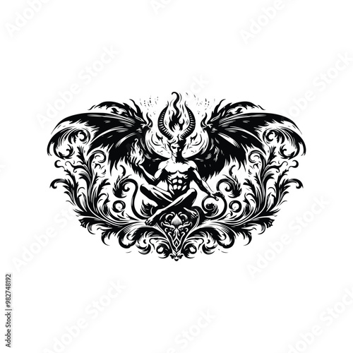 Lucifer with victorian flourish, in black and white illustrations, cutout graphic