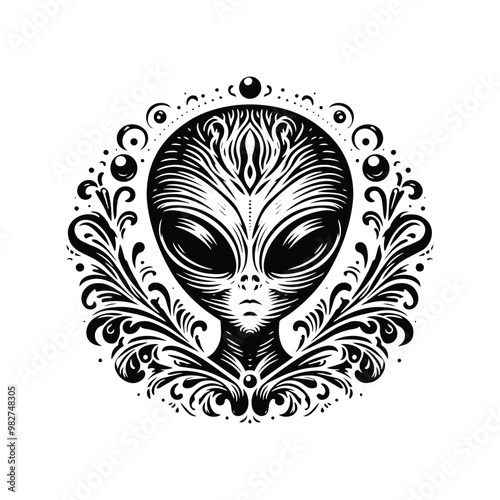 martian alien with victorian flourish decoration in black and white illustrations, cutout graphic