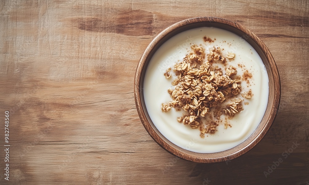 A top-down view of a wooden bowl of creamy yogurt, topped with granola
A top-down view of a wooden bowl of creamy yogurt, topped with granola