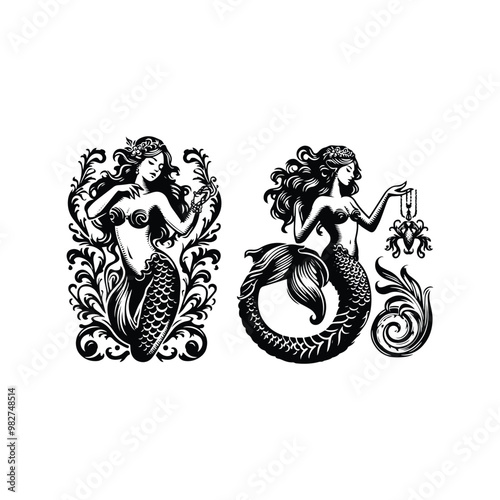 Mermaid with victorian flourish decoration in black and white illustrations, cutout graphic