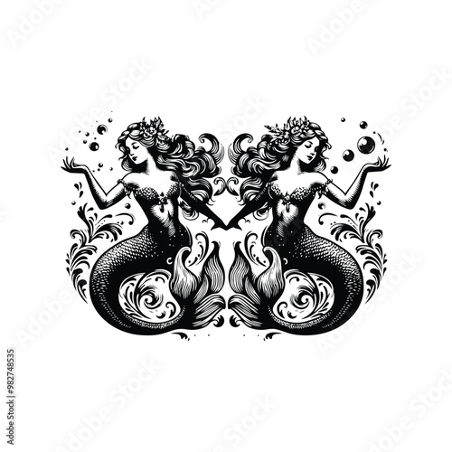 mermaids with victorian flourish stylec stencil - Image Creator in Bing