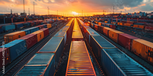 Numerous freight containers line up on railway tracks during sunset, emphasizing global trade, transportation, and industrial logistics.